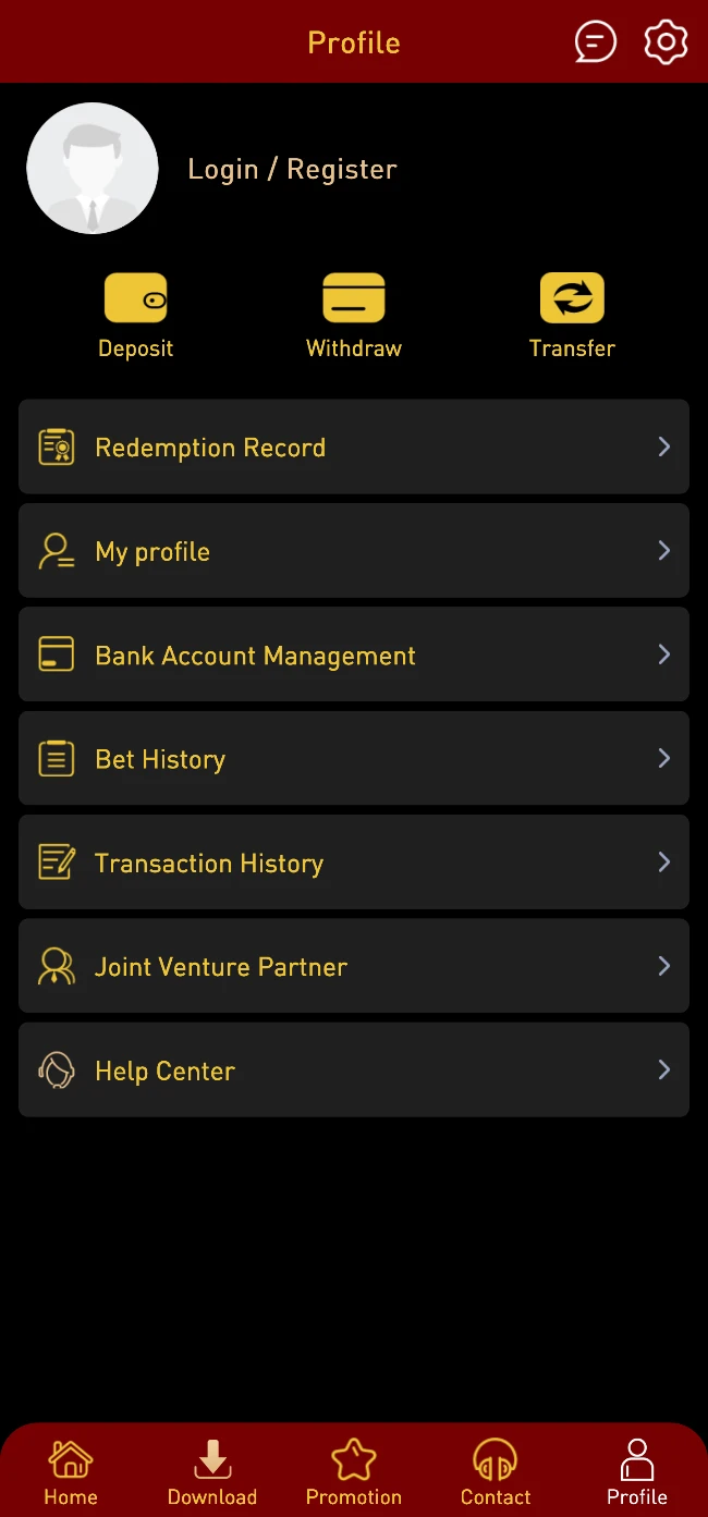 In the user section of the Khelraja app, there are various operations that are associated with the customer's account