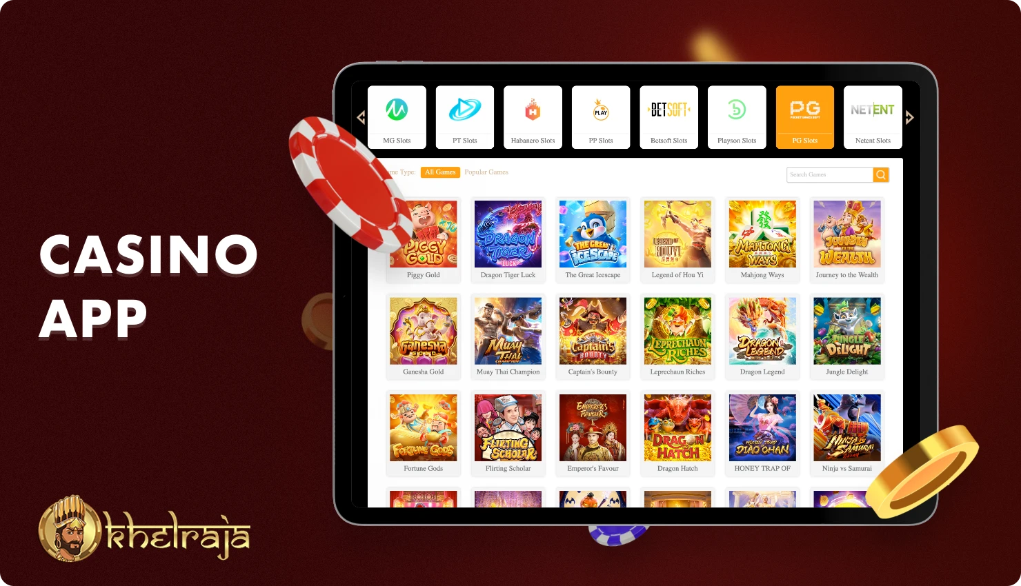 The Khelraja app features a casino section with amazing slots, as well as live croupier games